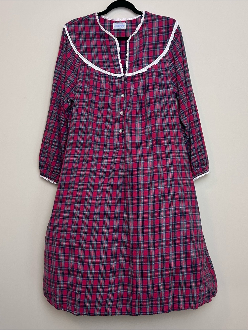 Vintage Lanz Of Salzburg Night Gown Women Large Red Plaid Flannel Ruffle Midi